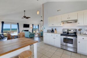 Kitchen in oceanfront Outer Banks beach house rental with ocean and beach views